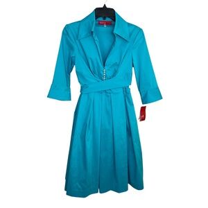 Donna Ricco Pleated V-Neck Tie Waist 3/4 Sleeve Collared Dress Blue Size 6